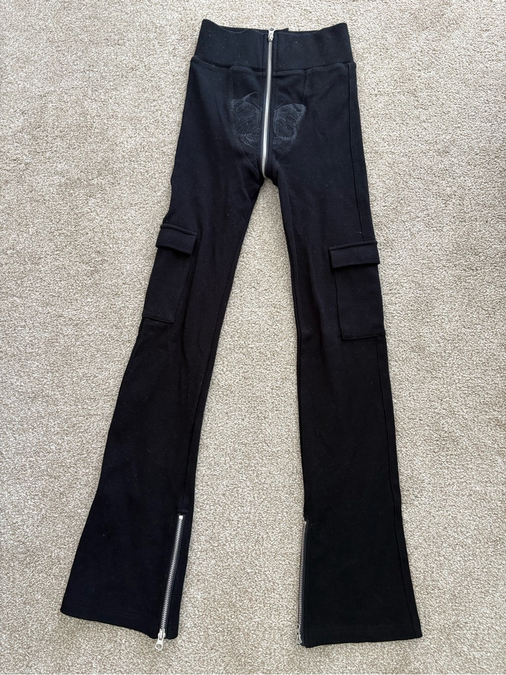 Tordrobes Black Ribbed Cargo Pants Butterfly U-Shaped Zip Anke Zippers Size S